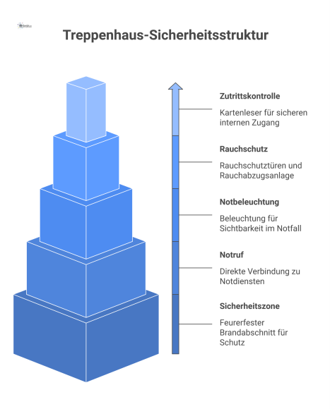 Querschnitt-Infografik eines Sicherheitstreppenhauses mit feuerfesten Wänden, Rauchschutztüren, Notbeleuchtung, Rauchabzug und Symbolen für Zutrittskontrolle sowie Notruf.