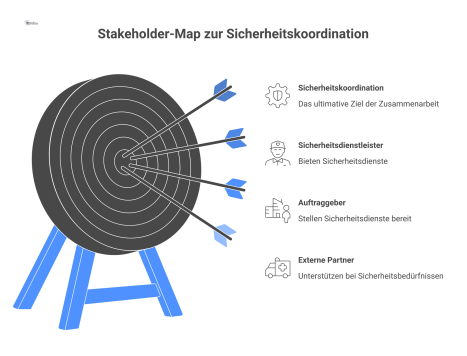 Stakeholder-Map mit drei Gruppen: Sicherheitsdienstleister, Auftraggeber und externe Partner, die durch Linien ihre Kommunikationswege zur Sicherheitskoordination aufzeigen