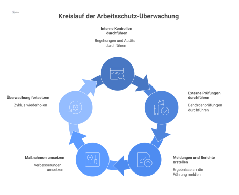  Infografik, die den Kreislauf der Arbeitsschutz-Überwachung mit internen und externen Strömen und einem Pfeil zur kontinuierlichen Verbesserung darstellt. 
