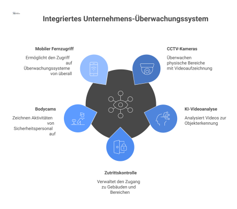Ein Hub-and-Spoke-Diagramm mit einem zentralen Video-Management-System, verbunden mit CCTV-Kameras, KI-Analyse, Zutrittskontrolle, Bodycams und mobilem Zugriff. 
