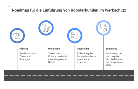  Infografik einer Roadmap zur Einführung eines Roboterhundes im Werkschutz, die die Phasen Planung, Pilotphase, Integration und Skalierung zeigt.