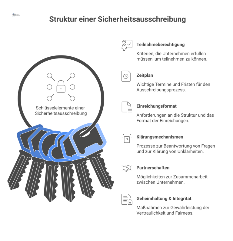 Eine Mindmap mit dem zentralen Thema 'Sicherheitsausschreibung' und sechs Zweigen für Teilnahmeberechtigung, Zeitplan, Format, Klärung, Partnerschaften und Geheimhaltung. 