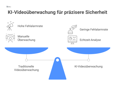 Eine Infografik, die traditionelle Videoüberwachung mit vielen Fehlalarmen mit KI-Überwachung vergleicht, welche nur echte Bedrohungen meldet.