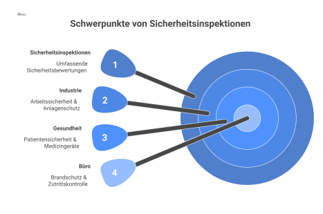 Infografik, die die Schwerpunkte von Sicherheitsinspektionen in den Bereichen Industrie, Gesundheit und Büro mit Icons visualisiert und deren Prioritäten hervorhebt.