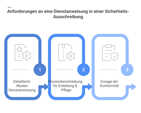 Infografik-Flussdiagramm, das die drei zentralen Nachweise für eine Dienstanweisung in einer Sicherheits-Ausschreibung visualisiert: Muster, Prozessbeschreibung und Konformitätszusage.