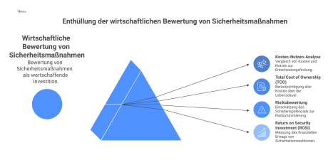 Infografik zur wirtschaftlichen Bewertung von Sicherheitsmaßnahmen, die vier Methoden rund um die zentrale Investitionsentscheidung zeigt: Kosten-Nutzen-Analyse, TCO, Risikobewertung und ROSI. 