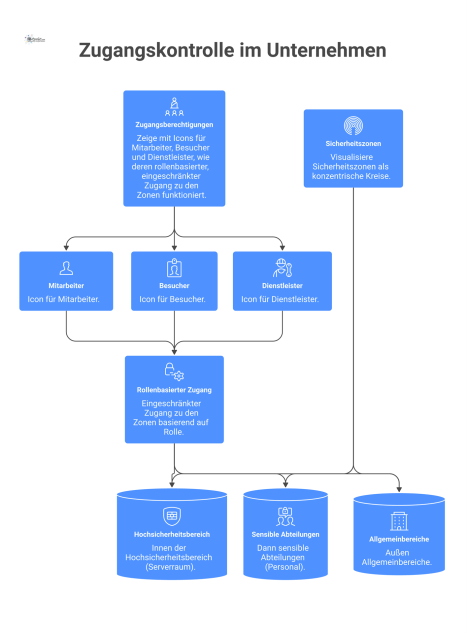 Infografik, die Sicherheitszonen als Kreise darstellt und den rollenbasierten Zugang für Mitarbeiter, Besucher sowie Dienstleister visualisiert.