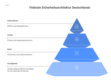 Hierarchisches Diagramm der föderalen Sicherheitsarchitektur Deutschlands, das die Ebenen Bund und Länder und ihre Interaktion mit Unternehmen zeigt. 