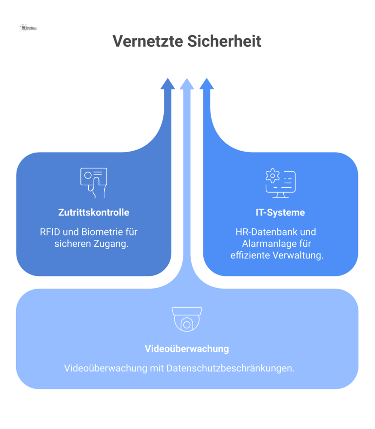Diagramm eines modernen, vernetzten Sicherheitssystems Diagramm eines intelligenten Managements, das Zutrittskontrolle, IT-Systeme und die datenschutzrechtlich eingeschränkte Videoüberwachung als separates Element vernetzt.