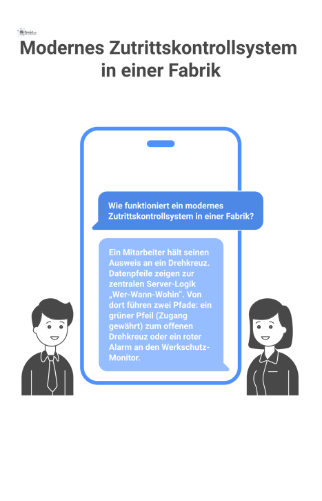 Infografik eines Zutrittskontrollsystems: Ein Mitarbeiter hält seinen Ausweis an ein Drehkreuz, was zu gewährtem Zugang oder Alarm führt.