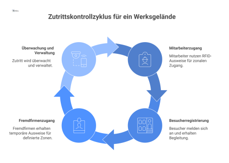 Infografik, die das Zutrittskontrollkonzept auf einem Werksgelände für Mitarbeiter, Besucher und Fremdfirmen mit den jeweiligen Zugangsprozessen visualisiert.
